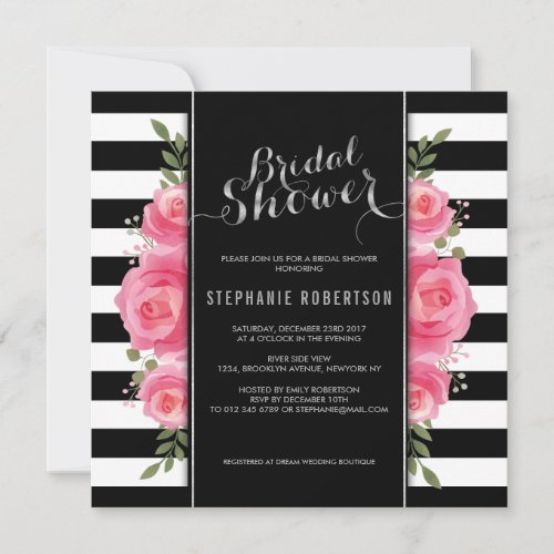 Elegant stripe and floral bridal shower invitation