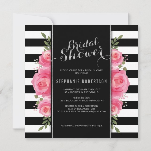 Elegant stripe and floral bridal shower invitation (Front)
