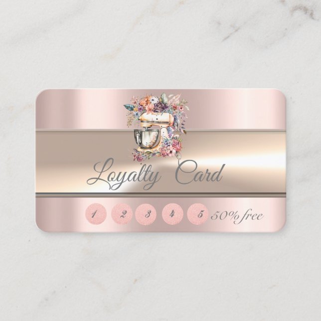 Elegant Stripe Bakery Rose Gold Floral Mixer Loyalty Card (Front)