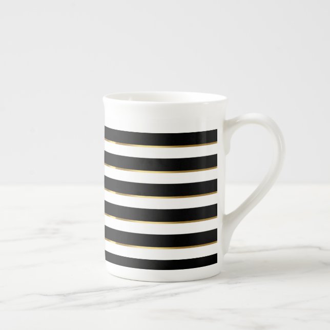  Elegant Stripe Black Gold White    Bone China Mug (Right)