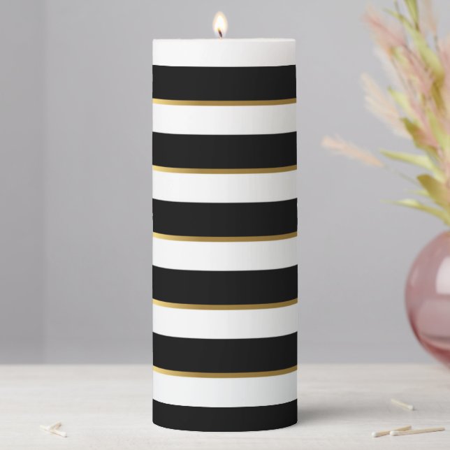  Elegant Stripe Black Gold White    Pillar Candle (In Situ)