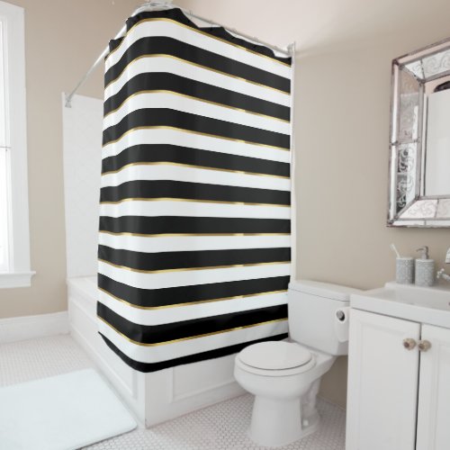  Elegant Stripe Black Gold White        Shower Curtain