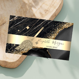 Elegant Stripe Black Marble Gold Sequins Broom Business Card