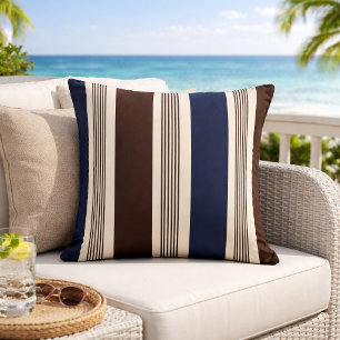 Elegant Stripe Cabana Style Navy Blue Brown Throw Pillow