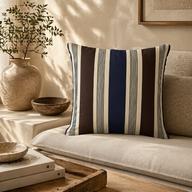 Elegant Stripe Cabana Style Navy Blue Brown  Throw Pillow (Creator Uploaded)