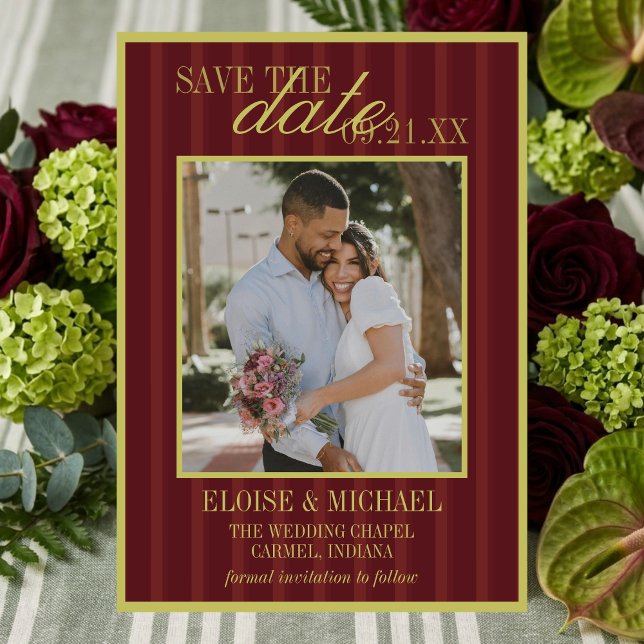 Elegant Stripe Chartreuse Burgundy Save the Date Invitation (Elegant Stripe Chartreuse Burgundy Save the Date Invitation)