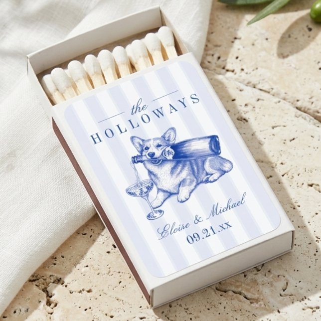 Elegant Stripe Chinoiserie Corgi Wedding Matchboxes (Elegant Stripe Chinoiserie Corgi Wedding Matchboxes)