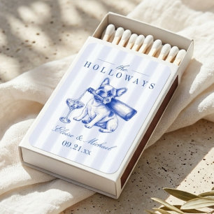 Elegant Stripe Chinoiserie French Bulldog Wedding Matchboxes
