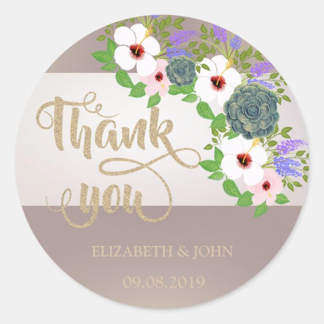 Elegant Stripe Floral Thank You Wedding Sticker (Front)