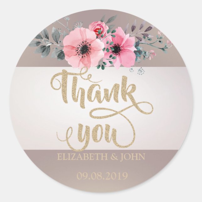 Elegant Stripe,Flower  Thank You Wedding Sticker (Front)