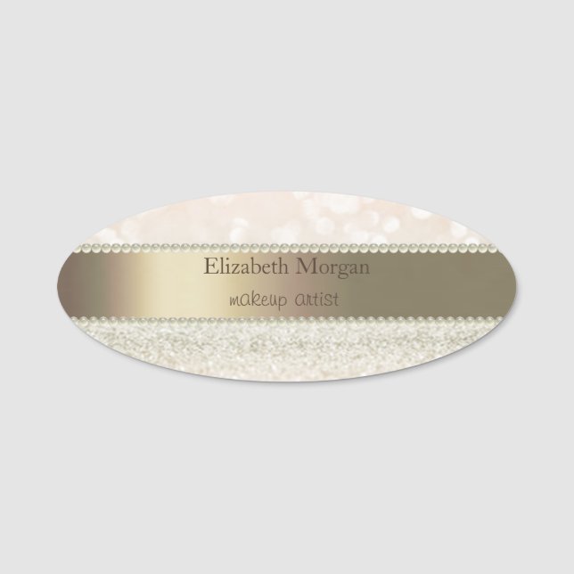 Elegant  Stripe, Glitter Bokeh, Pearls Name Tag (Front)