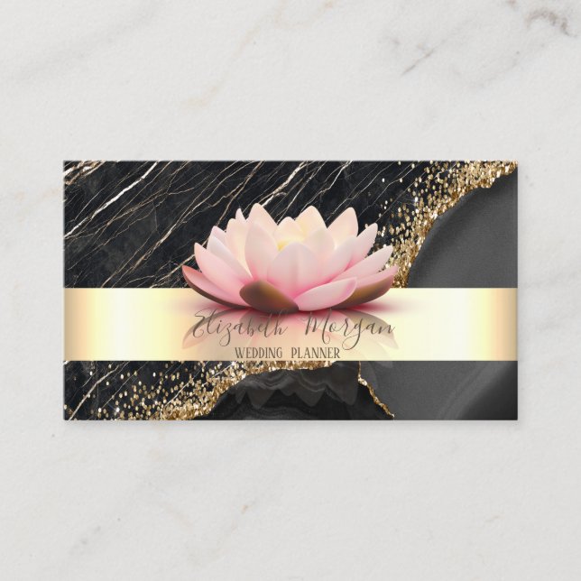 Elegant Stripe Lotus Black Marble Gold Sequins Business Card (Front)