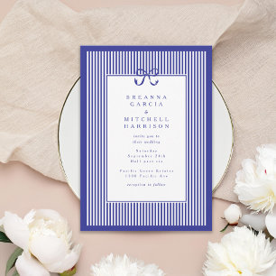 Elegant Stripe Navy Blue Border with Bow Wedding Invitation