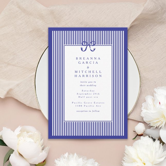 Elegant Stripe Navy Blue Border with Bow Wedding Invitation (Creator Uploaded)