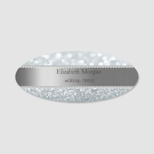 Elegant Stripe, Pearls,Silver Glitter Bokeh Name Tag