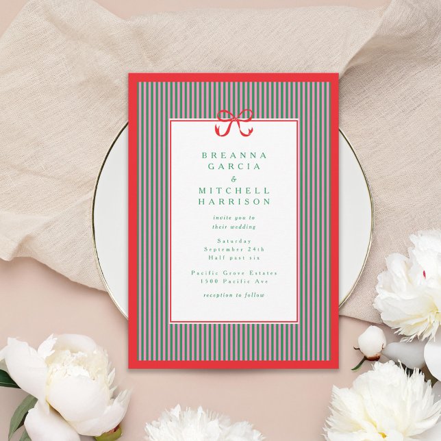 Elegant Stripe Red Border with Bow Wedding Invitation (Creator Uploaded)