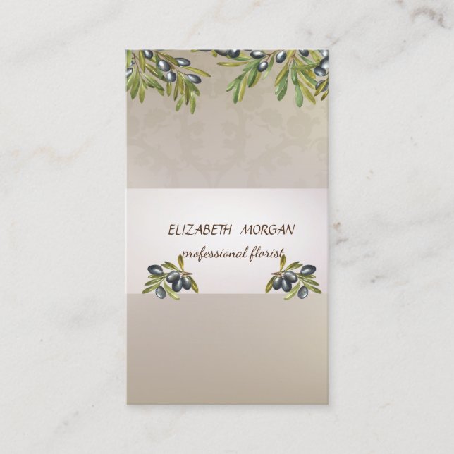 Elegant  Stripe Watercolor Olive Branches Business Card (Front)