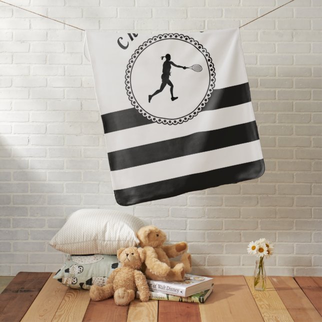 Elegant Striped Black & White Girl Player's Name Baby Blanket (In Situ)
