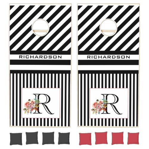 Elegant Striped Black White Name Monogram Floral Cornhole Set