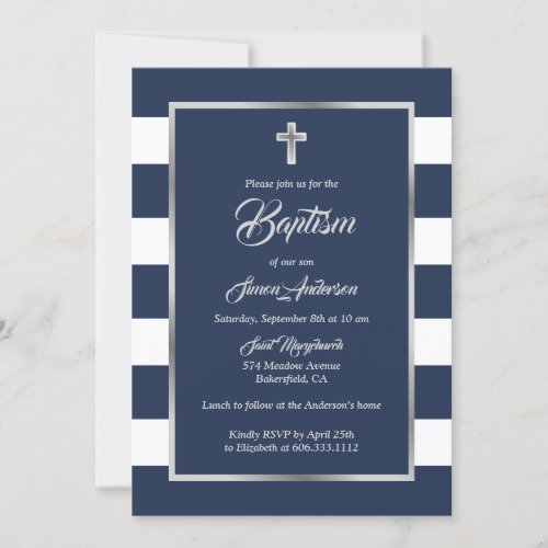 Elegant Striped Blue and Silver Cross Boy Baptism Invitation