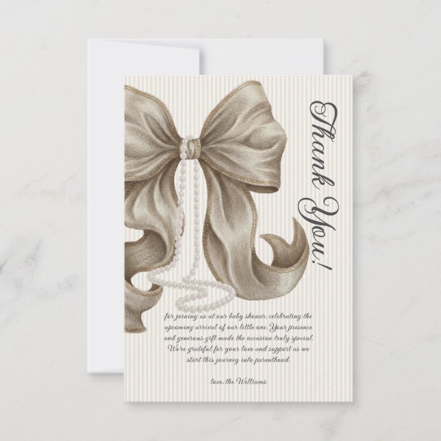 Elegant Striped Bow Ivory Beige Baby Shower Thank You Card (Front)