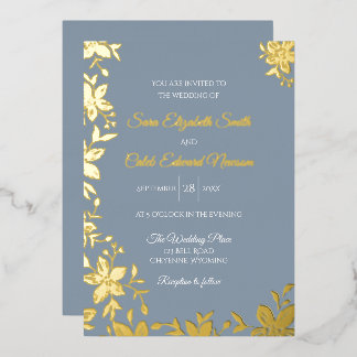 Elegant Striped Flower in Gold Foil on Dusty Blue2 Invitation