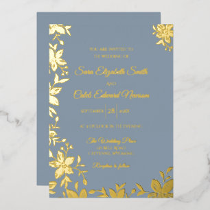 Elegant Striped Flower in Gold Foil on Dusty Blue Invitation