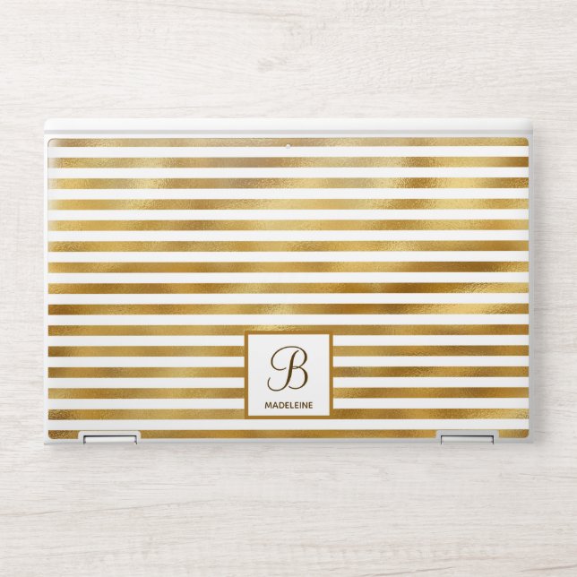 Elegant Striped Gold Foil Monogram HP Laptop Skin (Front)