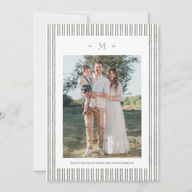 Elegant Striped Linen Custom Photo Holiday Card (Front)
