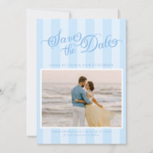 Elegant Striped Pastel Blue Script Save The Date