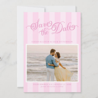 Elegant Striped Pastel Pink Script Save The Date