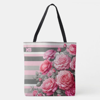 Elegant Striped Pink and Grey with Roses Tote Bag
