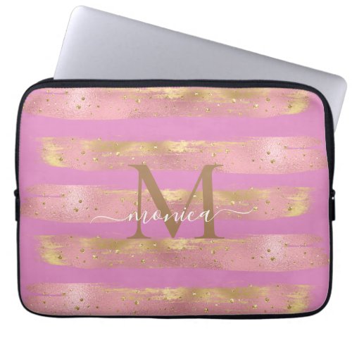 Elegant Striped Pink Gold Glitter Laptop Sleeve