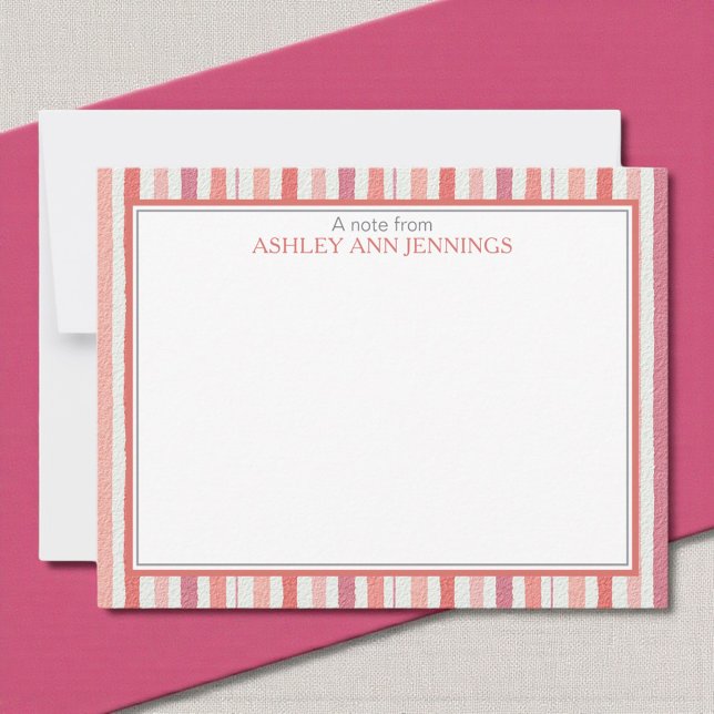 Elegant Striped Pink Personalized Stationery Note Card (Elegant striped pink watercolor personalized notecard with custom name)
