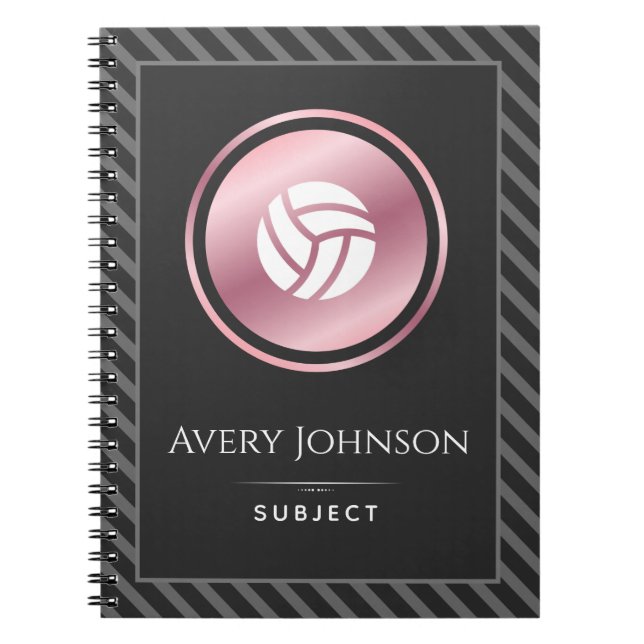 Elegant Striped Rose Gold Volleyball Name Subject Notebook (Front)
