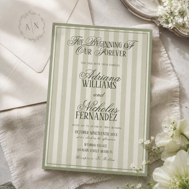 Elegant Striped Vintage Green Wedding Invitation (Creator Uploaded)