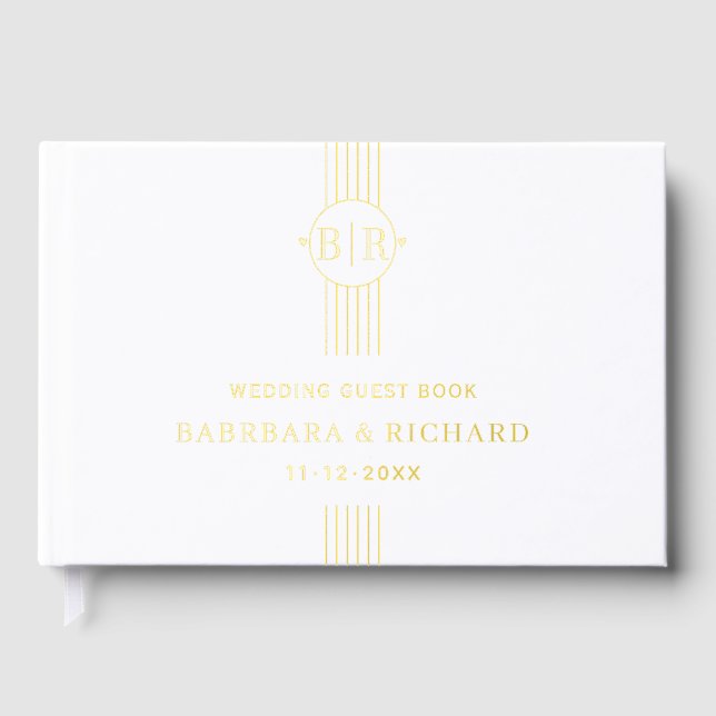 Elegant stripes and initials white wedding foil guest book  (Front)