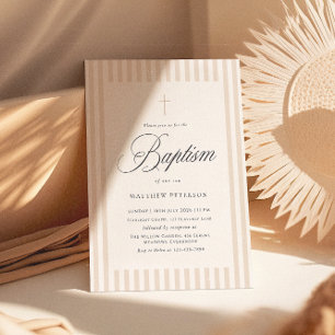 Elegant Stripes Beige Calligraphy Baptism Invitation