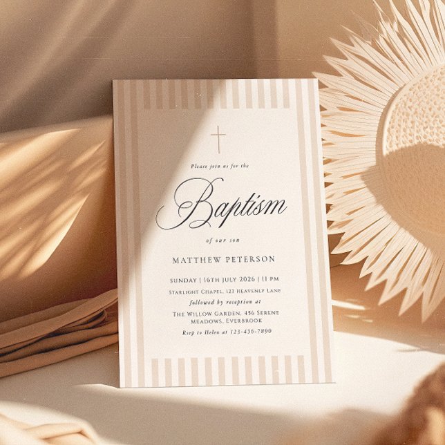 Elegant Stripes Beige Calligraphy Baptism Invitation (Creator Uploaded)