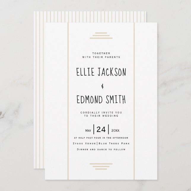 Elegant stripes beige simple wedding invitation (Front/Back)