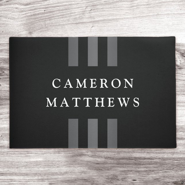 Elegant stripes black dark gray name or business doormat (Creator Uploaded)