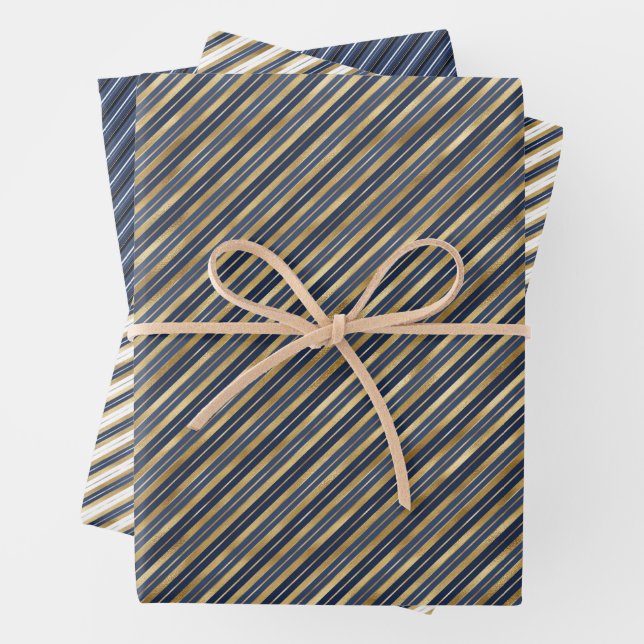 Elegant Stripes Blue Navy Gold Stylish Masculine Wrapping Paper Sheets (In situ)