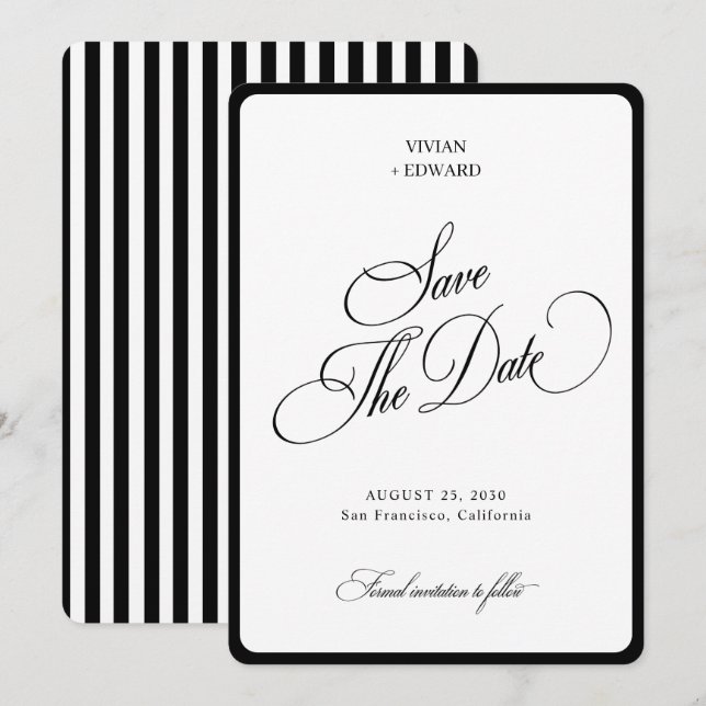 Elegant Stripes Border Black & White Wedding Save The Date (Front/Back)