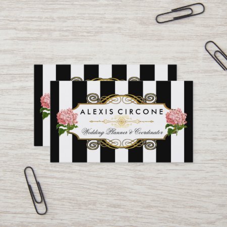 Elegant Stripes |gold Hydrangea Wedding Planner Business Card