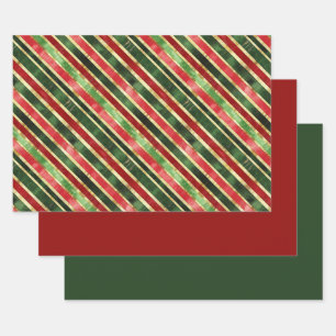 Elegant Stripes Gold Red Green Christmas Wrapping Paper Sheets