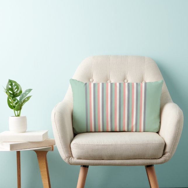 Elegant Stripes, Mist Green, Rose Bud, Ivory, Grey Lumbar Pillow (Chair)
