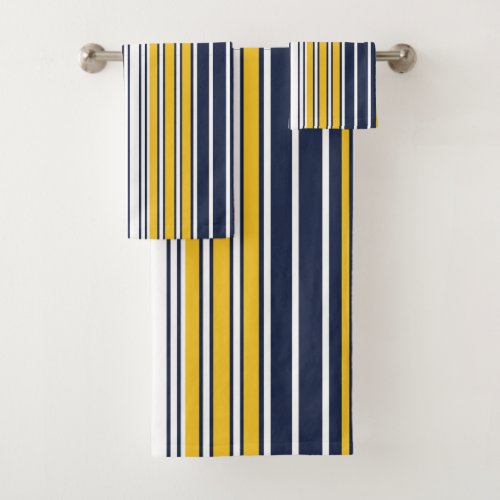 Elegant stripes navy blue mustard yellow white bath towel set