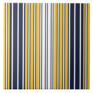 Elegant, stripes, navy blue, mustard yellow, white ceramic tile