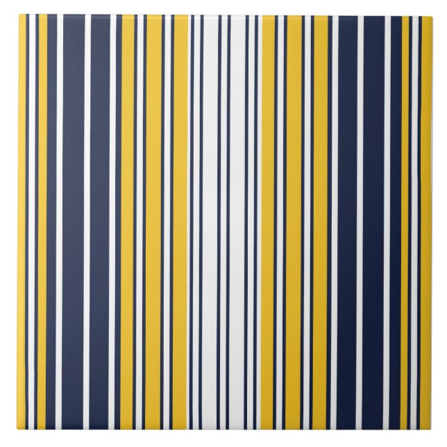 Elegant, stripes, navy blue, mustard yellow, white ceramic tile (Front)