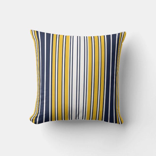 Elegant, stripes, navy blue, mustard yellow, white throw pillow (Front)